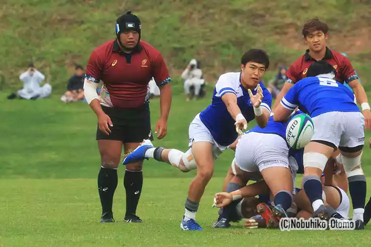 素早いパスさばきをみせた同志社・SH藤田海元（2年・東海大大阪仰星）